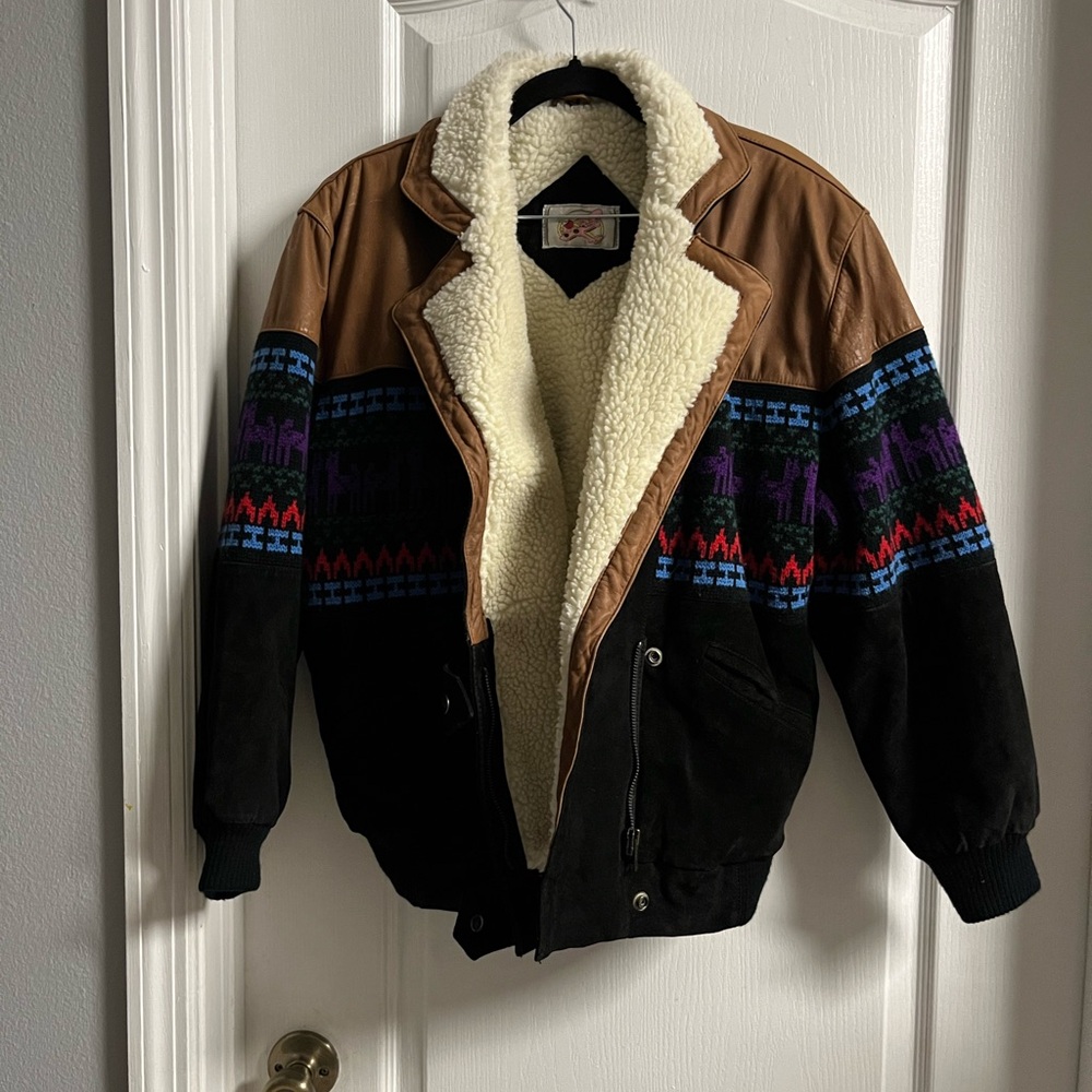 Adler Vintage Suede Leather Sherpa Aztec Southwestern Style Jacket - Picture 6 of 9
